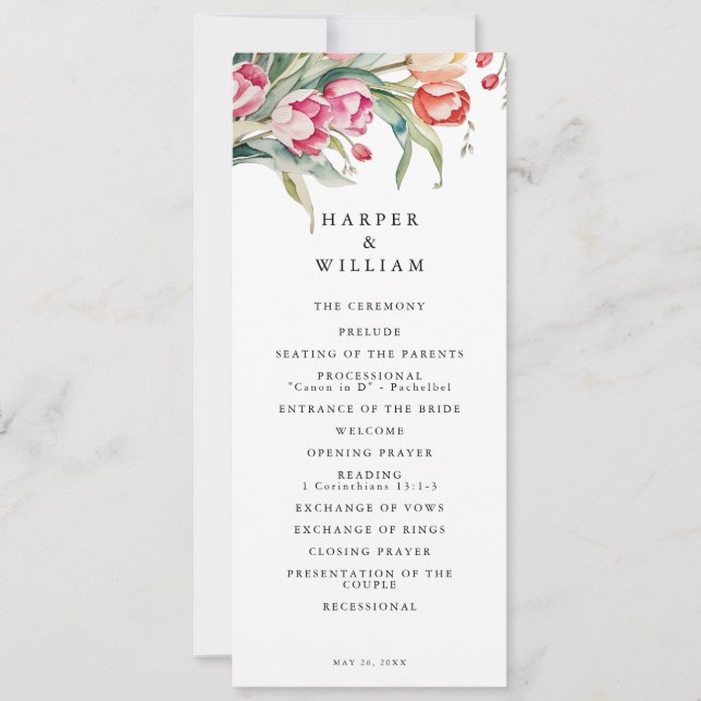 Watercolor tulips programme de mariage printanier (Devant)