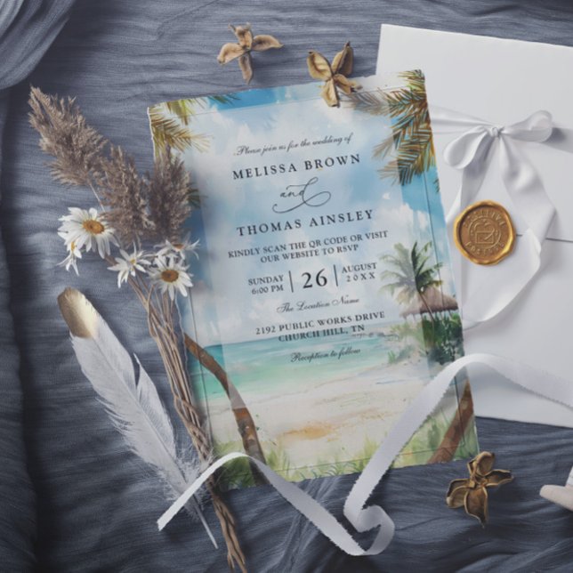 Watercolor Tulum Tropical Beach QR Code Wedding Einladung (Von Creator hochgeladen)