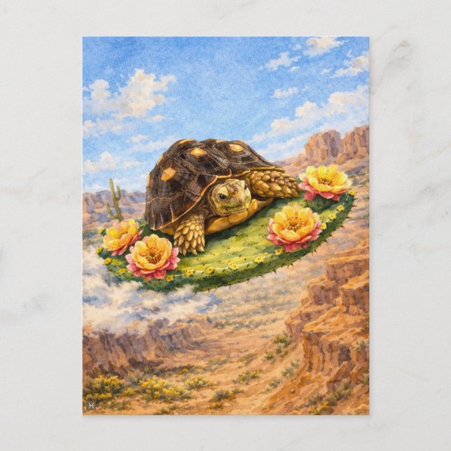 Watercolor Turtle flying on a magic cactus pad Postkarte (Vorderseite)