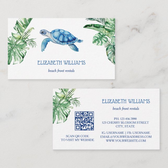  Watercolor Turtle Tropical Leaves Visitenkarte (Vorne/Hinten)
