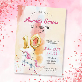 Watercolor Unicorn Gold Balloon Girl 10th Birthday Einladung