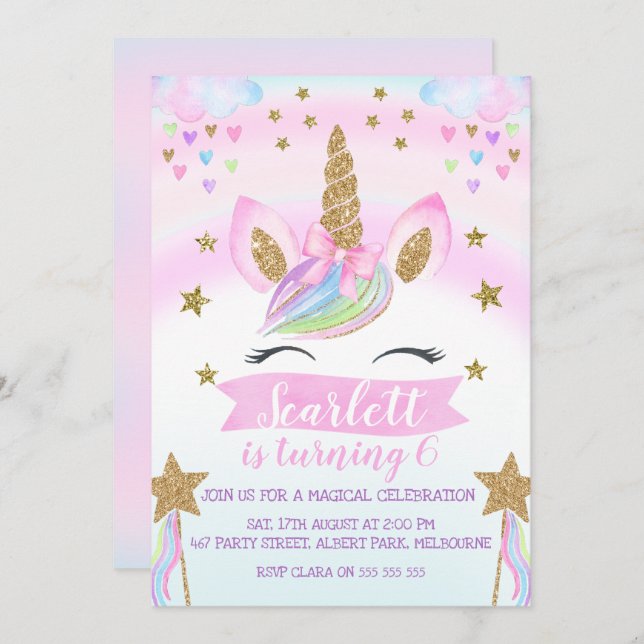 Watercolor Unicorn Invitation de fête d'anniversai (Devant / Derrière)