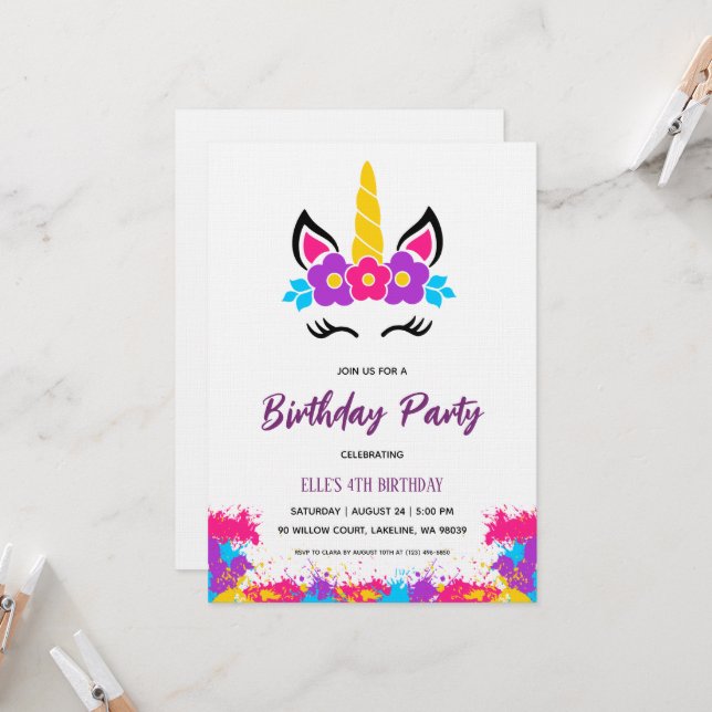 watercolor unicorn rainbow birthday invitation einladung (Vorderseite/Rückseite Beispiel)