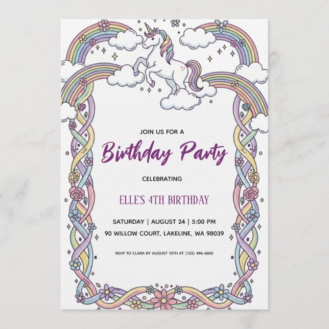 watercolor unicorn rainbow birthday invitation einladung (Vorderseite)