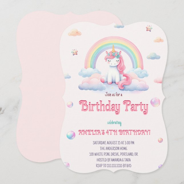Watercolor Unicorns Magischer Regenbogen Geburtsta Einladung (Vorne/Hinten)