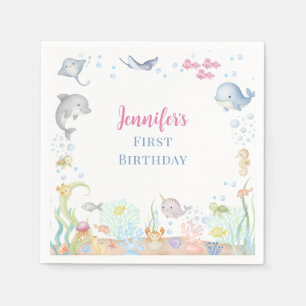 Watercolor Unter dem Meer Mädchen 1. Geburtstag Serviette
