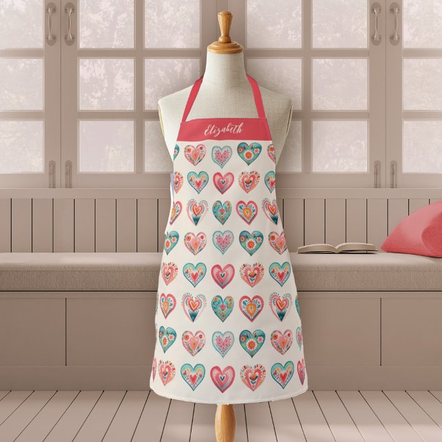 Watercolor Valentine Hearts Pattern Cooking Schürze (A cute watercolor hearts pattern valentines day apron. Personalize it with your name.)