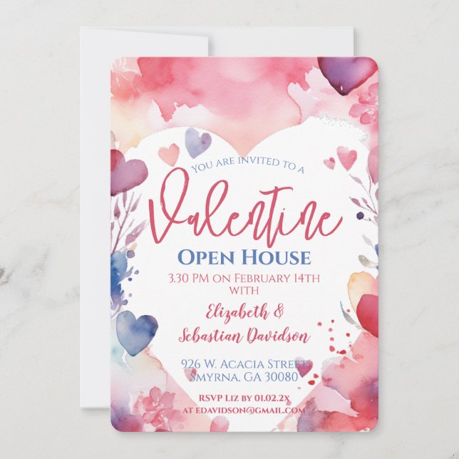 Watercolor Valentine Open House Party Invitation (Devant)