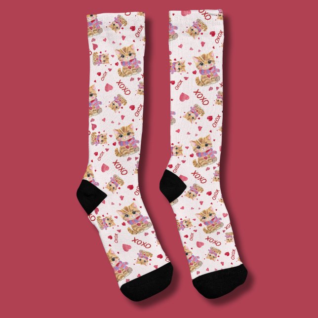 Watercolor Valentine's Day Kitty XOXO Muster Socken (Von Creator hochgeladen)