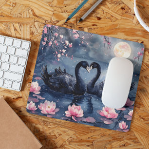 Watercolor Valentine's Day Moon Swan Couple Floral Mousepad
