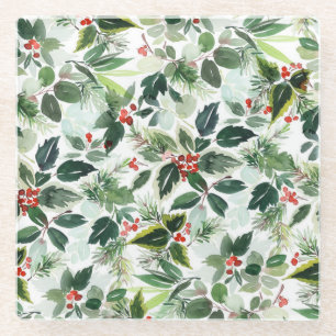 Watercolor Variegated Holly Pattern Weihnachten Glasuntersetzer