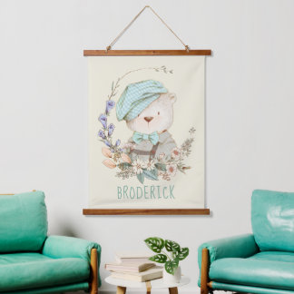 Watercolor Vintage Bear Personalized Wandteppich Mit Holzrahmen