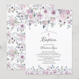 Watercolor-violette Blumen-Taufe Einladung