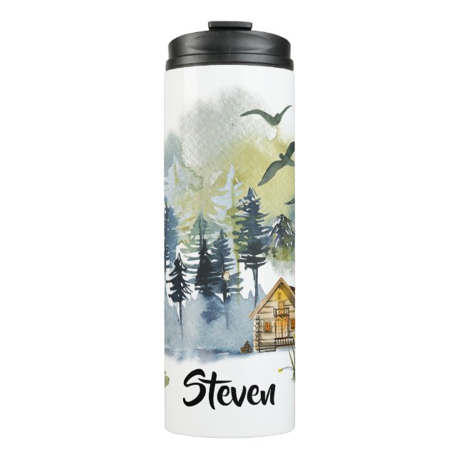 Watercolor-Waldszene personalisiert Thermosbecher (Vorderseite)