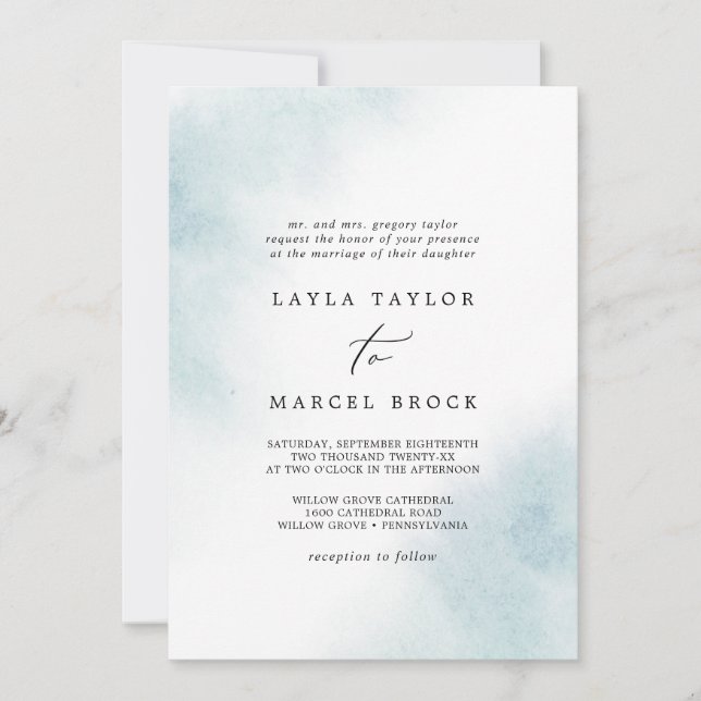 Watercolor Wash | Blaue traditionelle Hochzeit Einladung (Vorderseite)