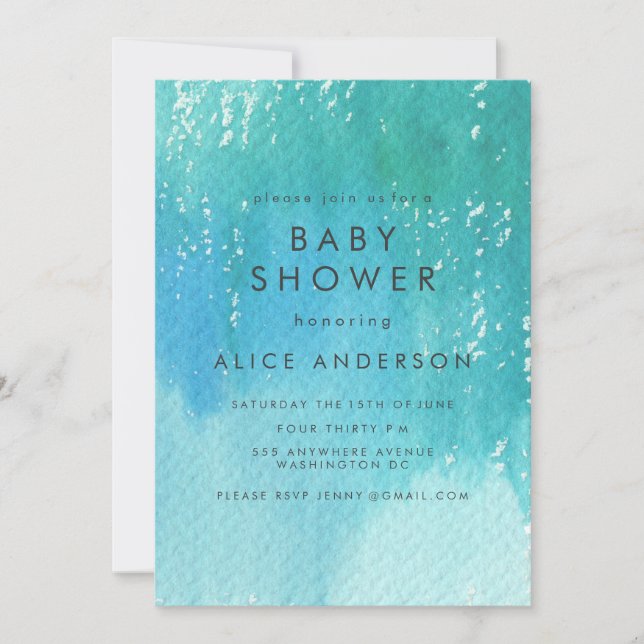Watercolor Wash Blue Baby Dusche laden ein Einladung (Vorderseite)