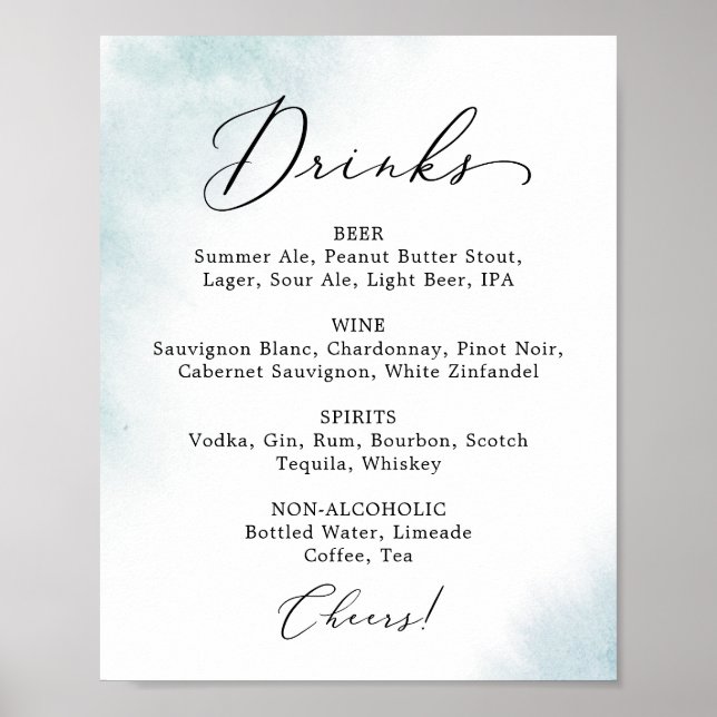 Watercolor Wash | Blue Wedding Drink Menu Sign Poster (Vorne)