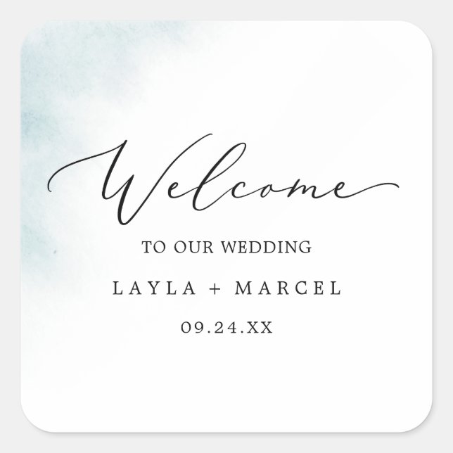 Watercolor Wash | Blue Wedding Welcome Quadratischer Aufkleber (Vorderseite)