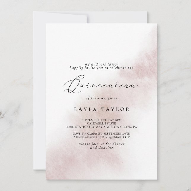 Watercolor Wash | Blush Quinceañera Einladung (Vorderseite)