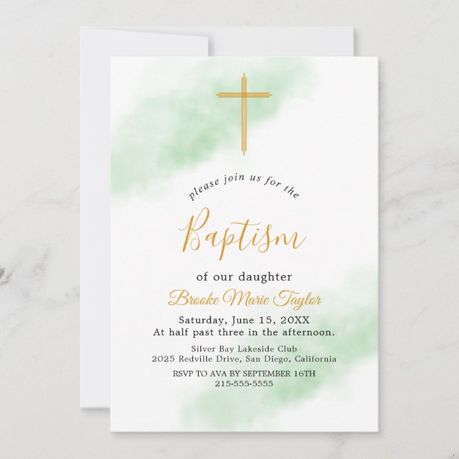 Watercolor Wash Green und Gold Taufe Einladung (Vorderseite)
