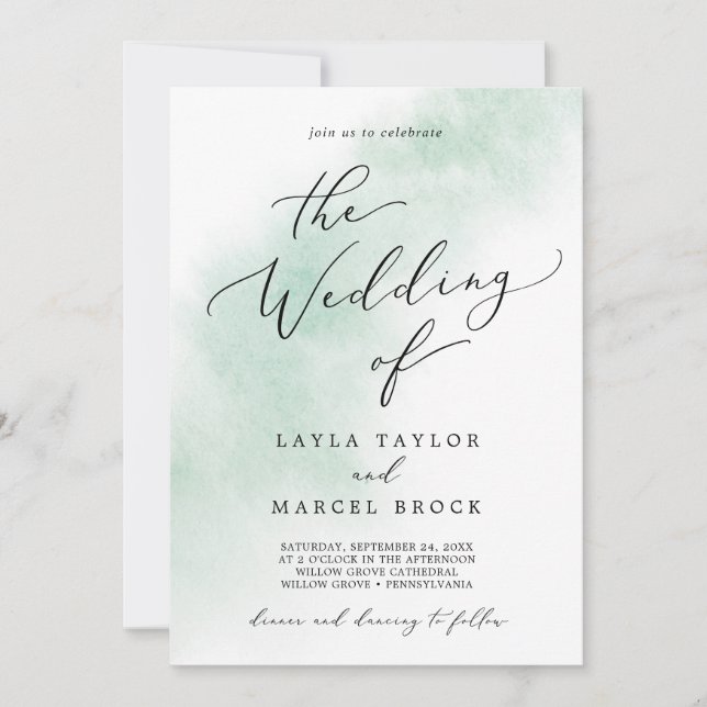 Watercolor Wash | Grün die Hochzeit von Einladung (Vorderseite)