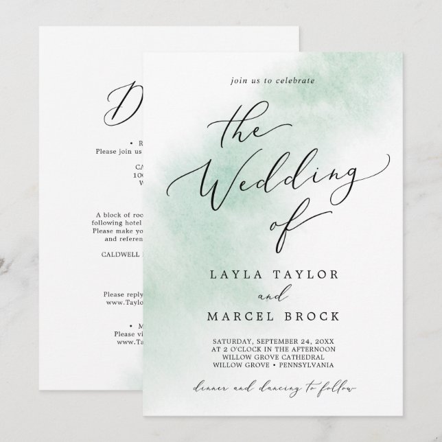 Watercolor Wash | Grün in einer Hochzeit Einladung (Vorne/Hinten)