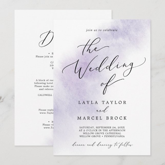 Watercolor Wash | Lila in einer Hochzeit Einladung (Vorne/Hinten)