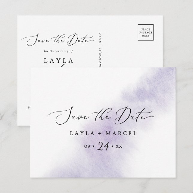 Watercolor Wash | Lila Save the Date Postkarte (Vorne/Hinten)