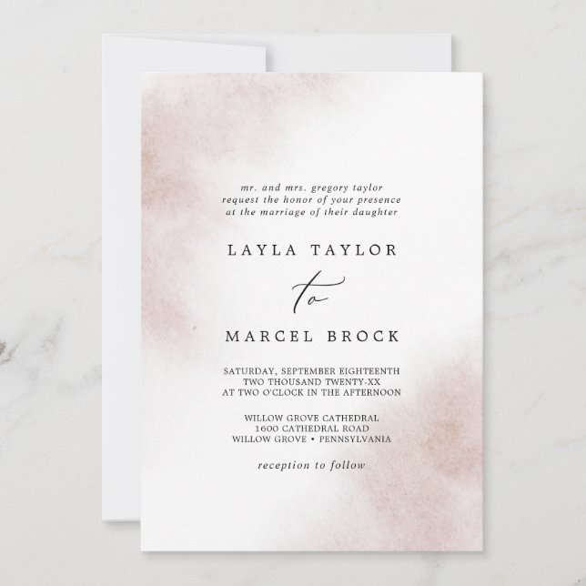 Watercolor Wash | Traditionelle Hochzeit mit Blush Einladung (Vorderseite)