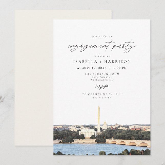 Watercolor Washington DC Monument Engagement Party Einladung (Vorne/Hinten)