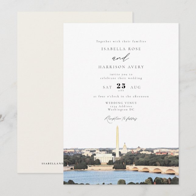 Watercolor Washington DC Monument Skyline Wedding Einladung (Vorne/Hinten)