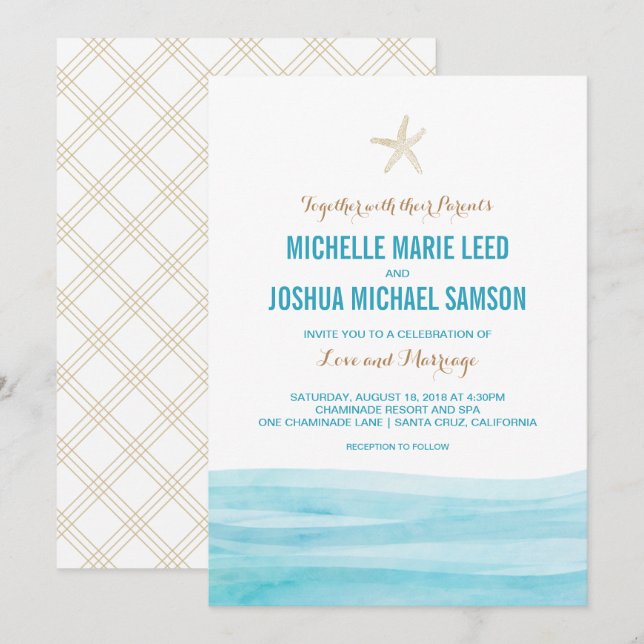 Watercolor Waves Ocean Beach Hochzeit Einladung (Vorne/Hinten)