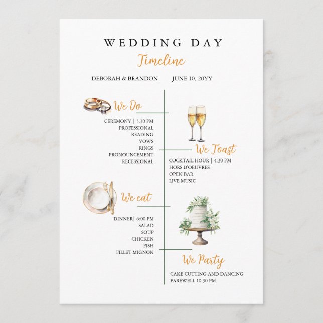 Watercolor Wedding day Timeline Flat Program Programm (Vorderseite)
