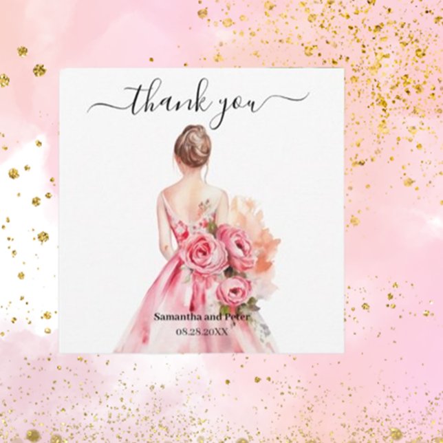 Watercolor Wedding Gown Vielen Dank (Express your gratitude with Brett Designs' beautiful watercolor wedding gown gold thank you cards. )