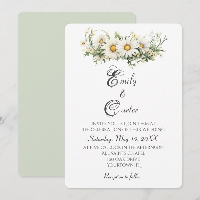 Watercolor Wedding White Daisies Einladung (Vorne/Hinten)