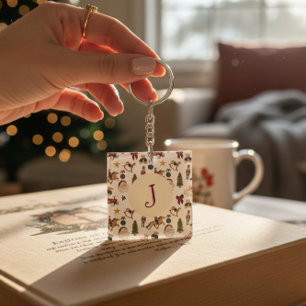 Watercolor-Weihnachts-Spielzeug-Monogramm Initiale Schlüsselanhänger