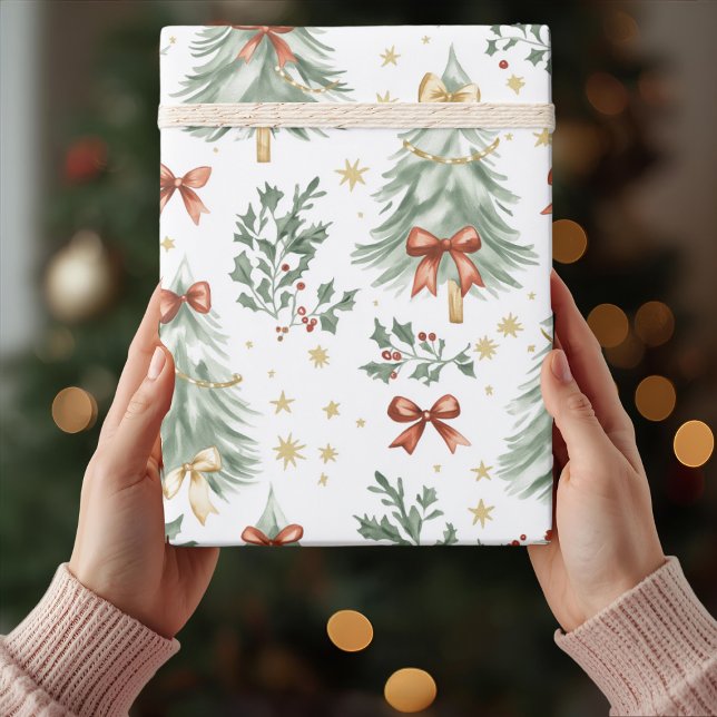 Watercolor-Weihnachtsbaum & Schleifen-Geschenkpapi Geschenkpapier (Von Creator hochgeladen)