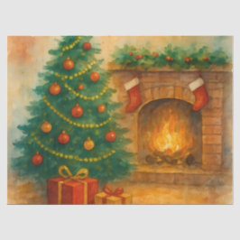 Watercolor-Weihnachtsbaum und gemütlicher Kamin -  Seidenpapier