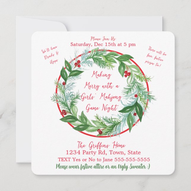 Watercolor Weihnachtsfest Wreath MAHJONG Einladung (Vorderseite)