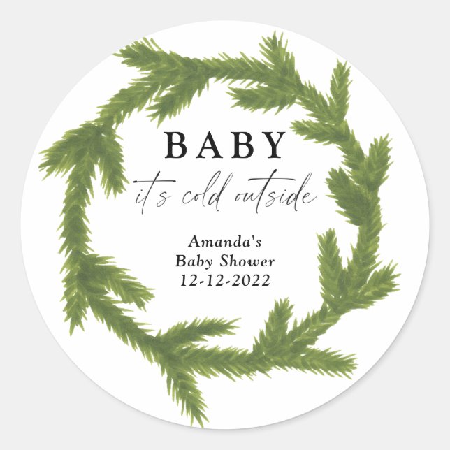 Watercolor Weihnachtskranz Babydusche Runder Aufkleber (Vorderseite)