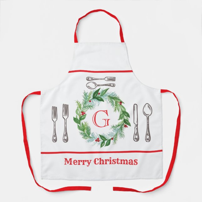 Watercolor-Weihnachtskranz MONOGRAM Unisex Schürze (Vorderseite)