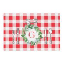 Watercolor-Weihnachtskranz MONOGRAMM Rot kariert L