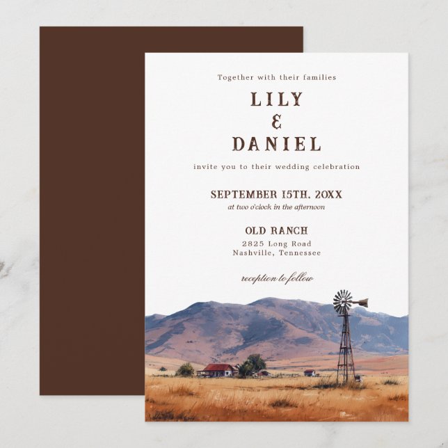 Watercolor Western Mountain Cowboy Ranch Wedding Einladung (Vorne/Hinten)