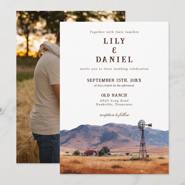 Watercolor Western Mountain Ranch Photo Wedding Einladung (Vorne/Hinten)