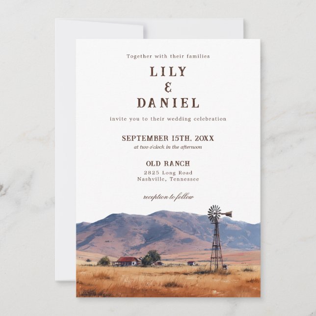 Watercolor Western Mountain Ranch QR Code Wedding Einladung (Vorderseite)