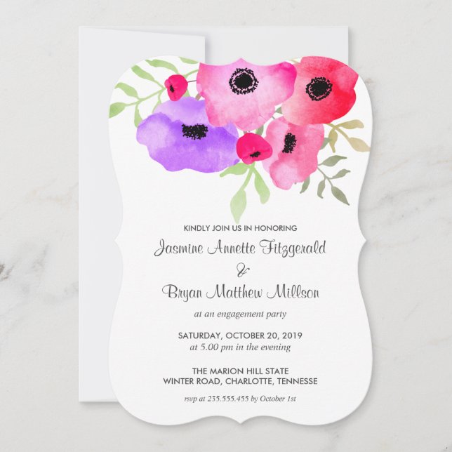 Watercolor Whimsical Floral Engagement Party Einladung (Vorderseite)