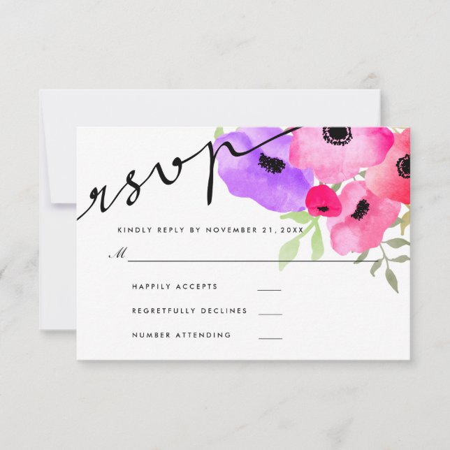 Watercolor Whimsical Floral Wedding RSVP Skript Karte (Vorderseite)