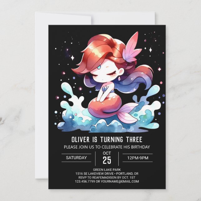 Watercolor Whimsical Mermaid Birthday Einladung (Vorderseite)
