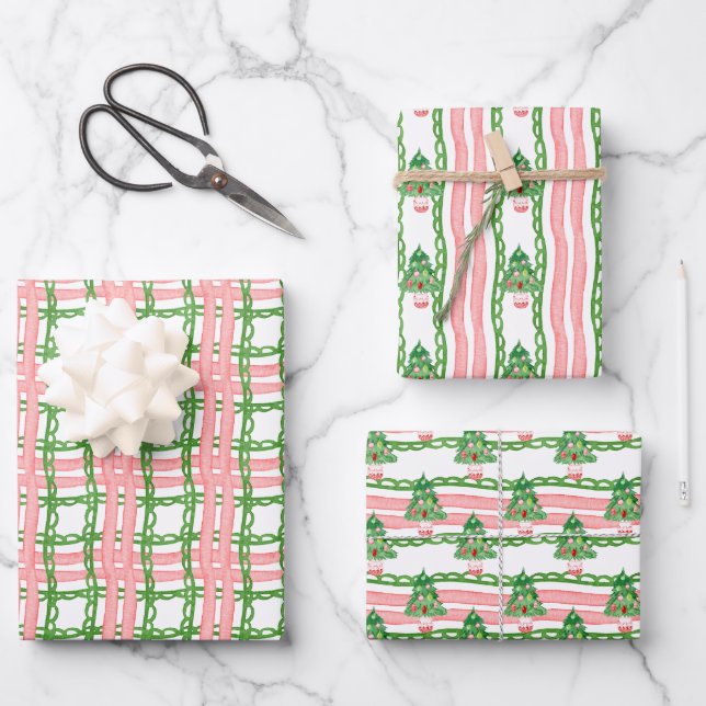 Watercolor Whimsical Plaid Christmas Trees Geschenkpapier Set (Vorderseite)