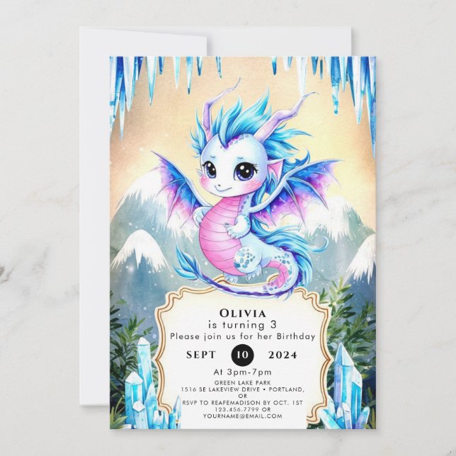 Watercolor Whimsy Dragon Birthday Einladung (Vorderseite)